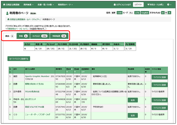 利用者のページトップ画面